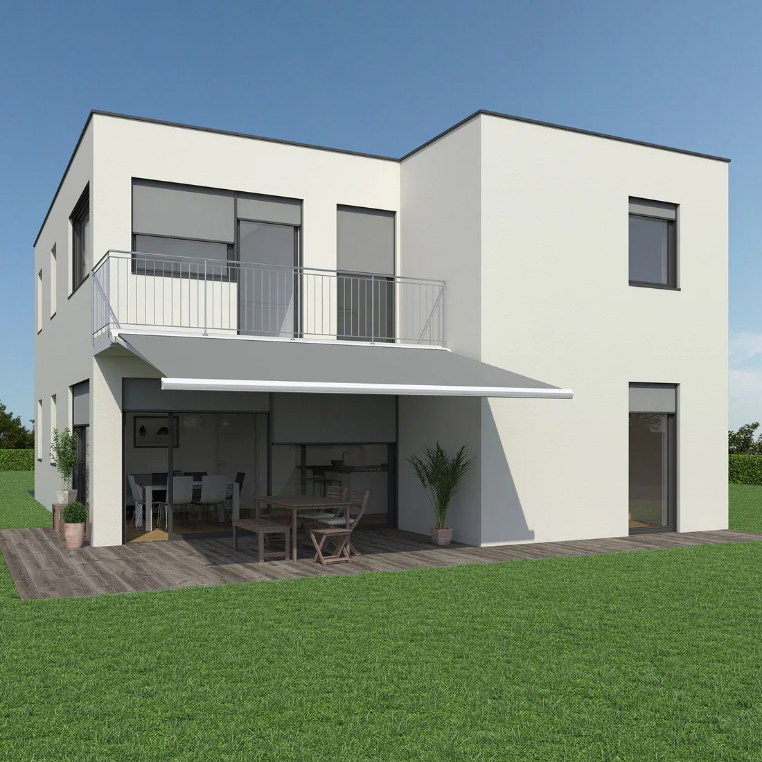 Kazetová markíza Swingline nad terasou rodinného domu