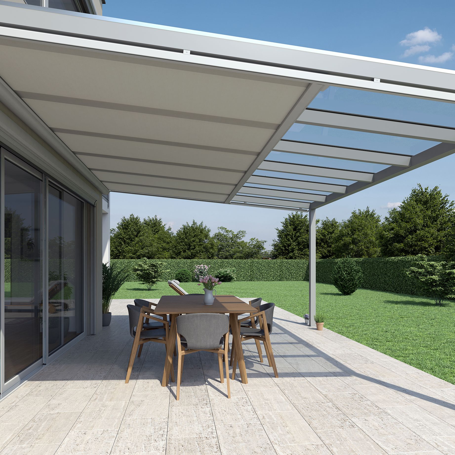 Markíza Xlight pod sklenenou strešnou pergolou moderného domu