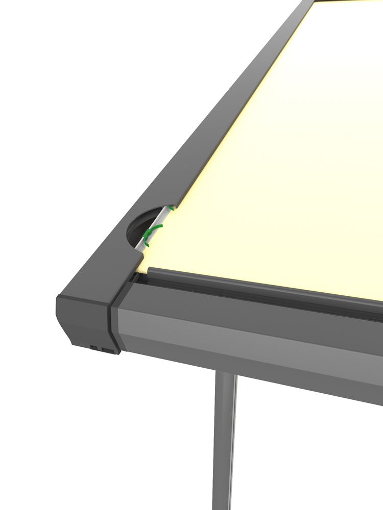 Ziprail — vodiaca lišta / bočné vedenie, detail rohu s látkou