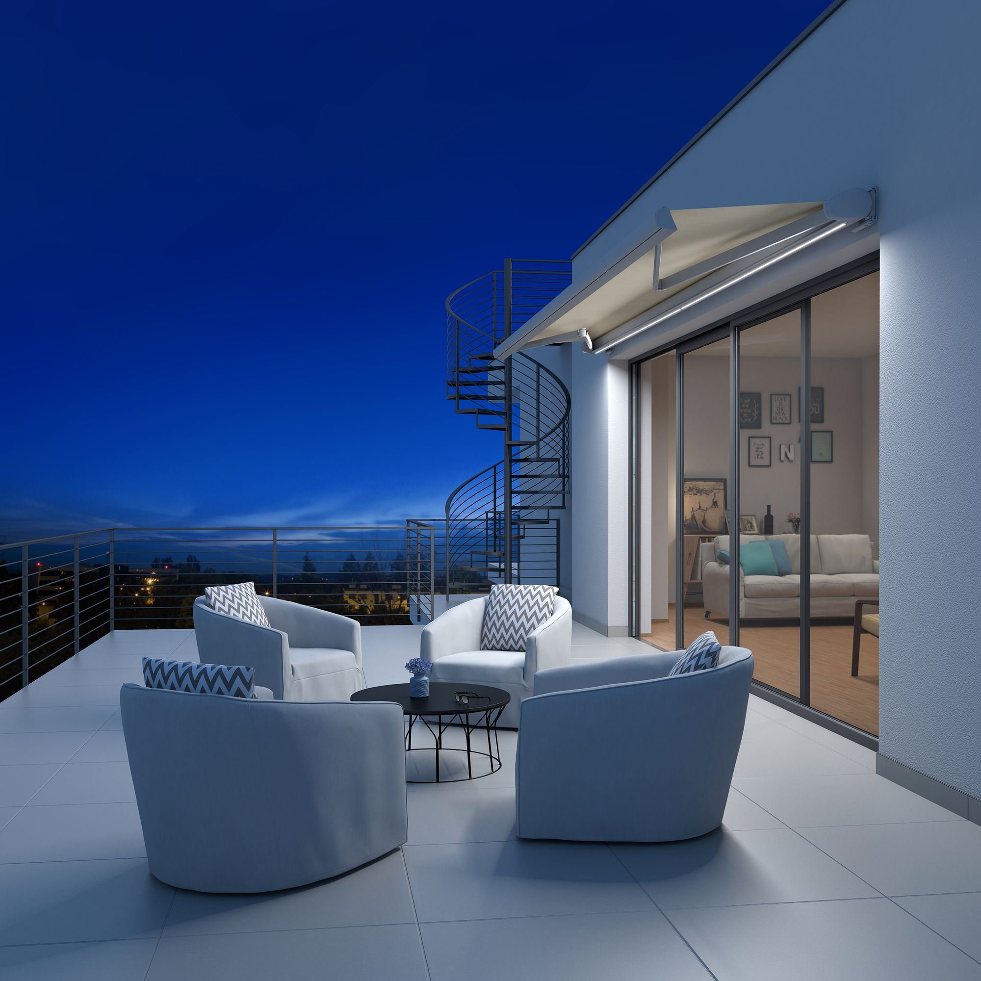 Kazetová markíza Trendline s LED osvetlením na strešnej terase penthousu