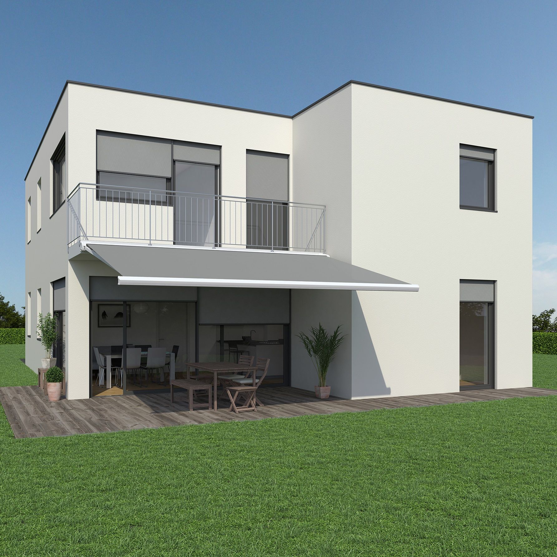 Kazetová markíza Swingline nad terasou rodinného domu