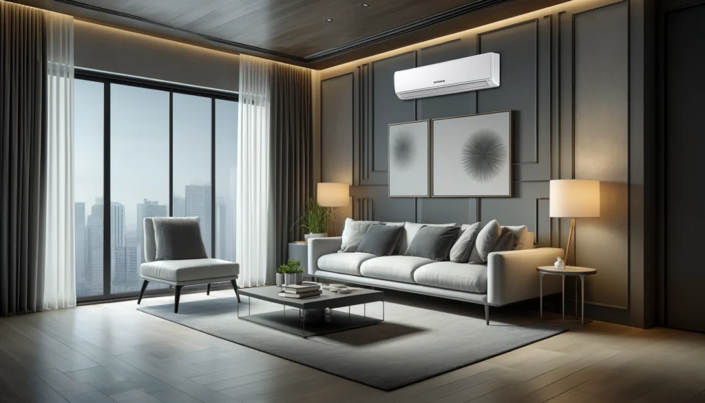 Moderná obývačka s klimatizáciou Samsung Windfree Comfort, dokonale integrovaná do štýlového interiéru. Najlacnejšia klimatizácia do domu s montážou.
